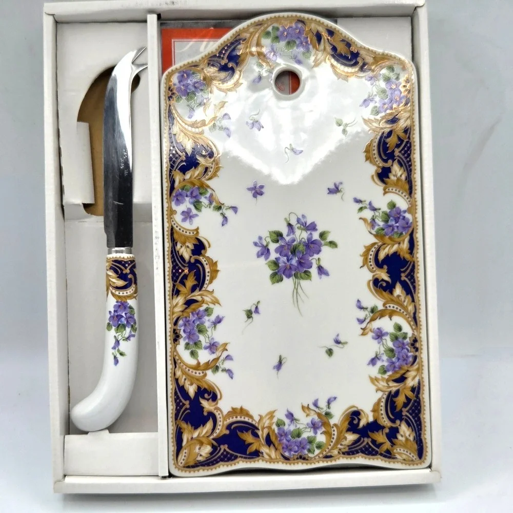 Andrea by Sadek Fine Porcelain Cheese Board & Knife Set in Box Royal Violets